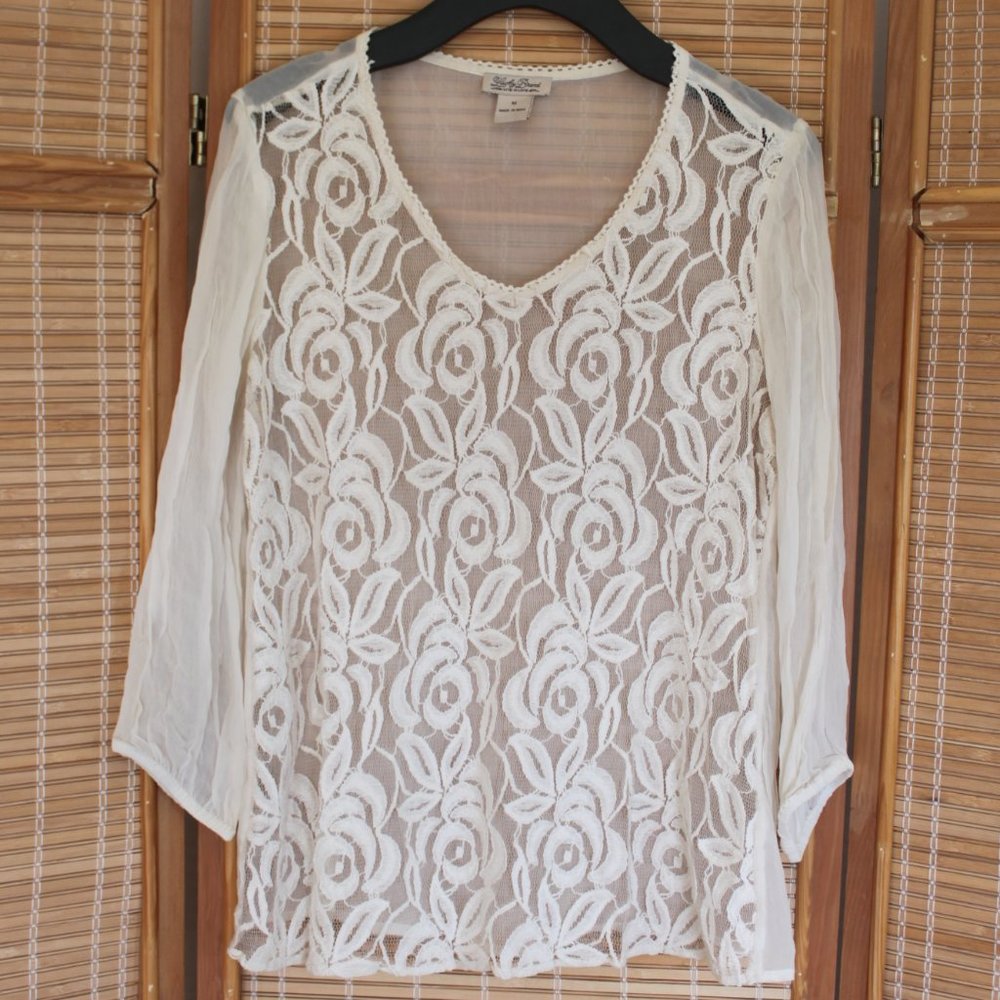 Lucky Brand | Ivory Lace Long-Sleeve Top Size Medium